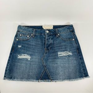 Altar’d State Button Fly Blue Denim Fringe Skirt Size S 100% Cotton